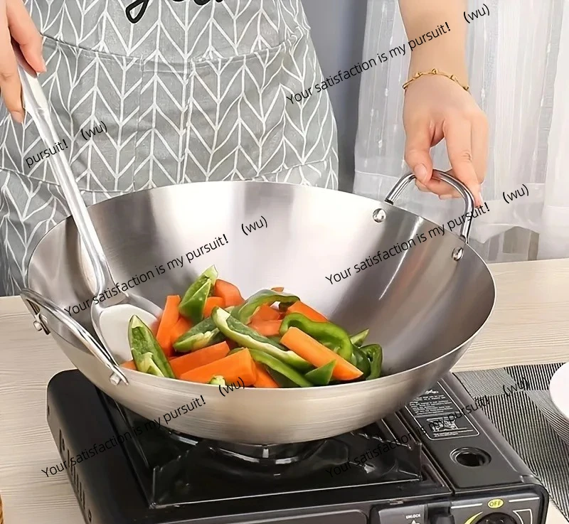 

1 шт. Вок из нержавеющей стали, толстая высококачественная прочная сковорода шеф-повара без покрытия с двойными ручками, легко чистится для рекламы