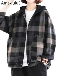 Max LuLu-chaquetas con estampado de cuadros para mujer, ropa Vintage con capucha y bolsillos, abrigos informales holgados con botones, estilo otoño 2022