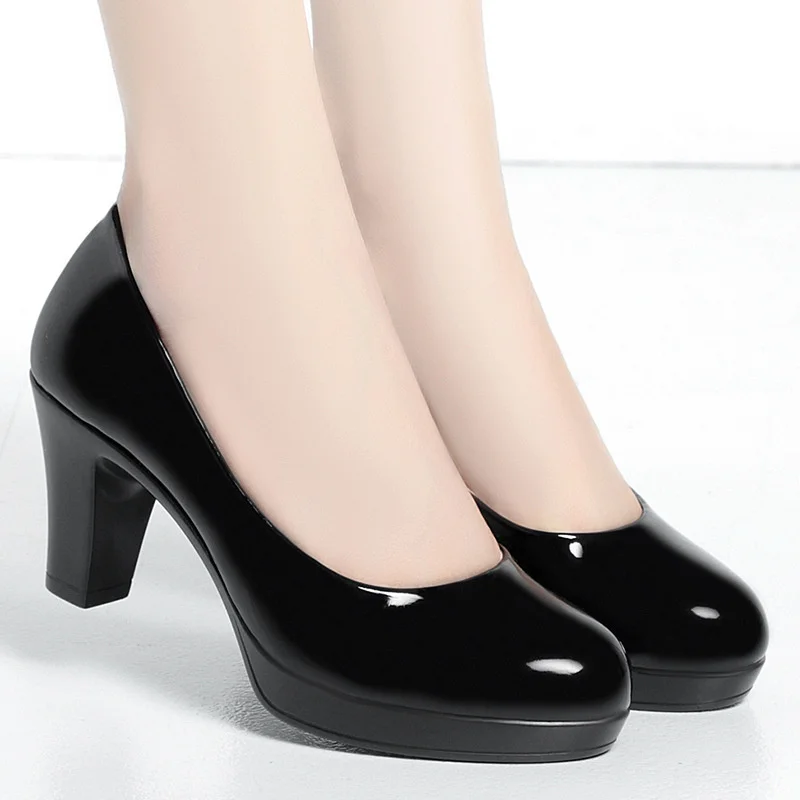 Professional Shallow Mouth Single Shoes For women Round Toe Thick Sole Non-slip Black Thick High Heel Work Shoes