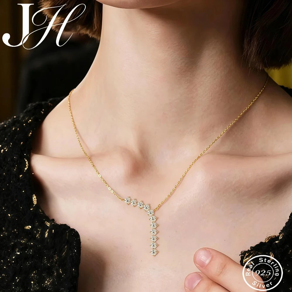 JoiasHome 100%925 Sterling Silver moissanite Women's Necklace Elegant Gothic L Shaped Personality Necklace VVS1 Certificate Gift