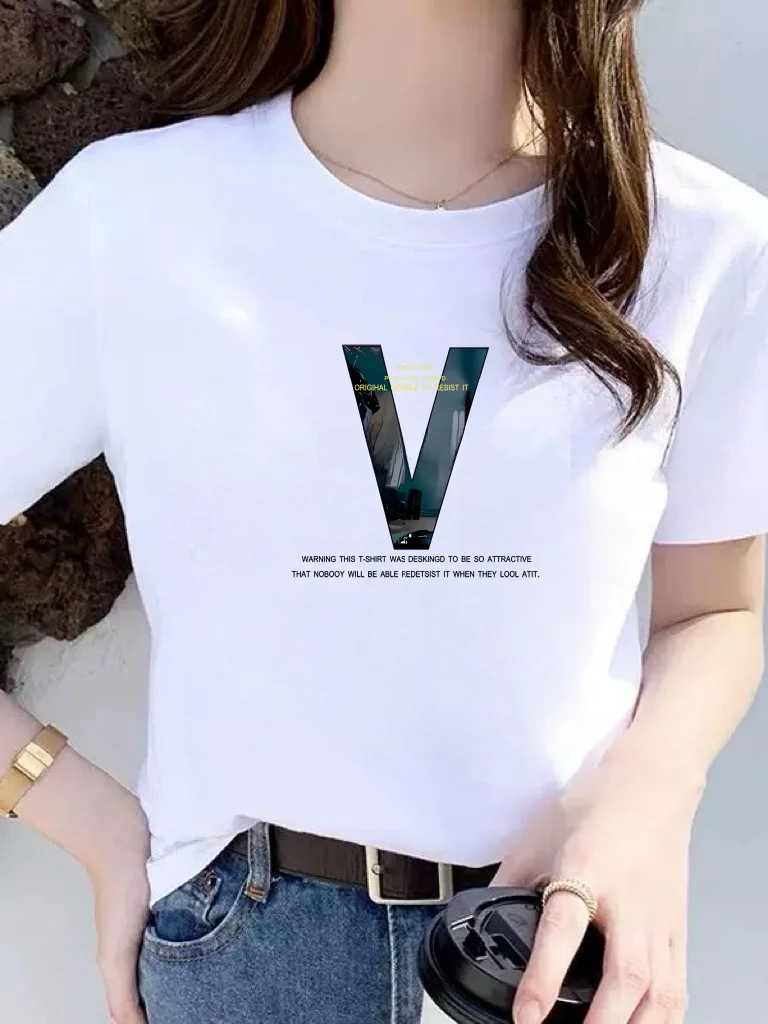 

Korean Style Letter Print Short Sleeve T-Shirt Women's Summer Loose round Neck Casual Top High-End Feelings Popular Online