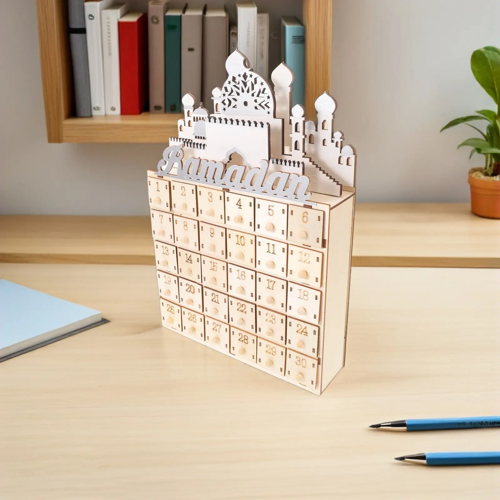 

Деревянный календарь обратного отсчета до Рамадана, 30-дневный, со светодиодной подсветкой, в форме замка, декор для праздника Ид Мубарак, для дома, гостиной, спальни