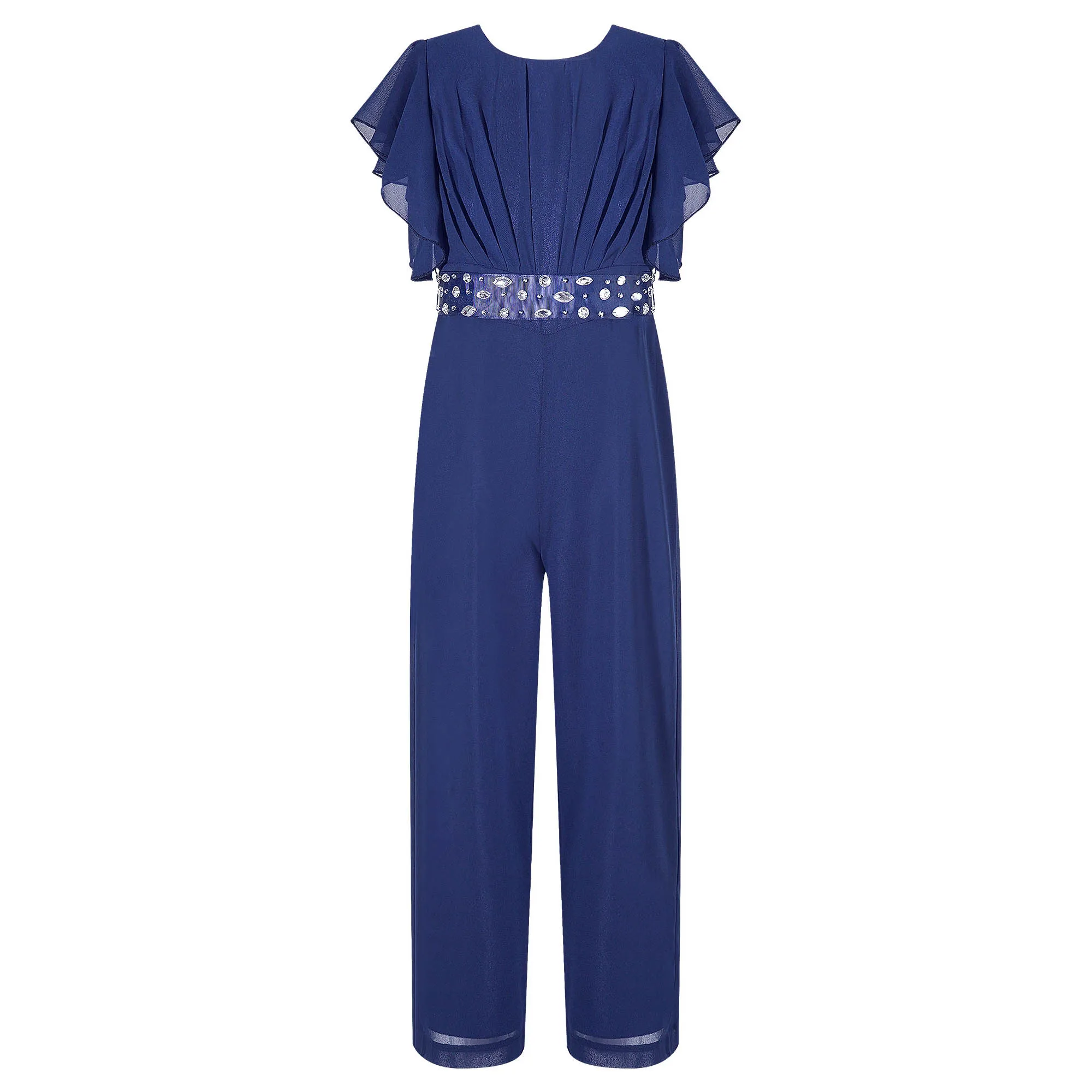 Kinder Mädchen Chic Chiffon Lange Overall Rüschen Hülse Geraffte Brust Breit Bein Strampler mit Perlen Gürtel für Hochzeit Geburtstag Party