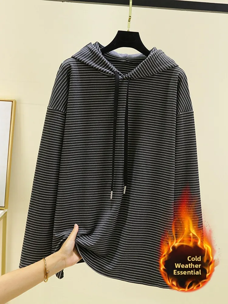 المرأة المتضخم طويل Sve Fce هوديي الخريف الشتاء الحراري تي شيرت ملابس خارجية تنوعا مخطط المخملية الدافئة