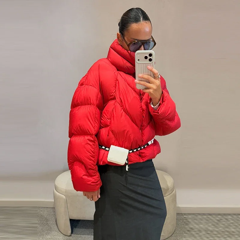 Kurzer Puffer-Wintermantel für Damen, Hochkragen, Gefütterte Jacke, Übergroße Puffige Reißverschlussjacke, Dick, Warm, Lässige Streetwear für Damen – Detail 3