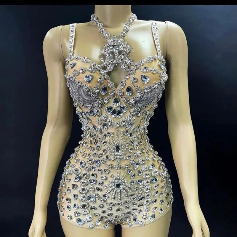 

Shiny luxury Bodysuit Crystal Stage Wear Leotard Costume Prom Skin Perspective Rhinestones Bodysuit Singer stage outfit