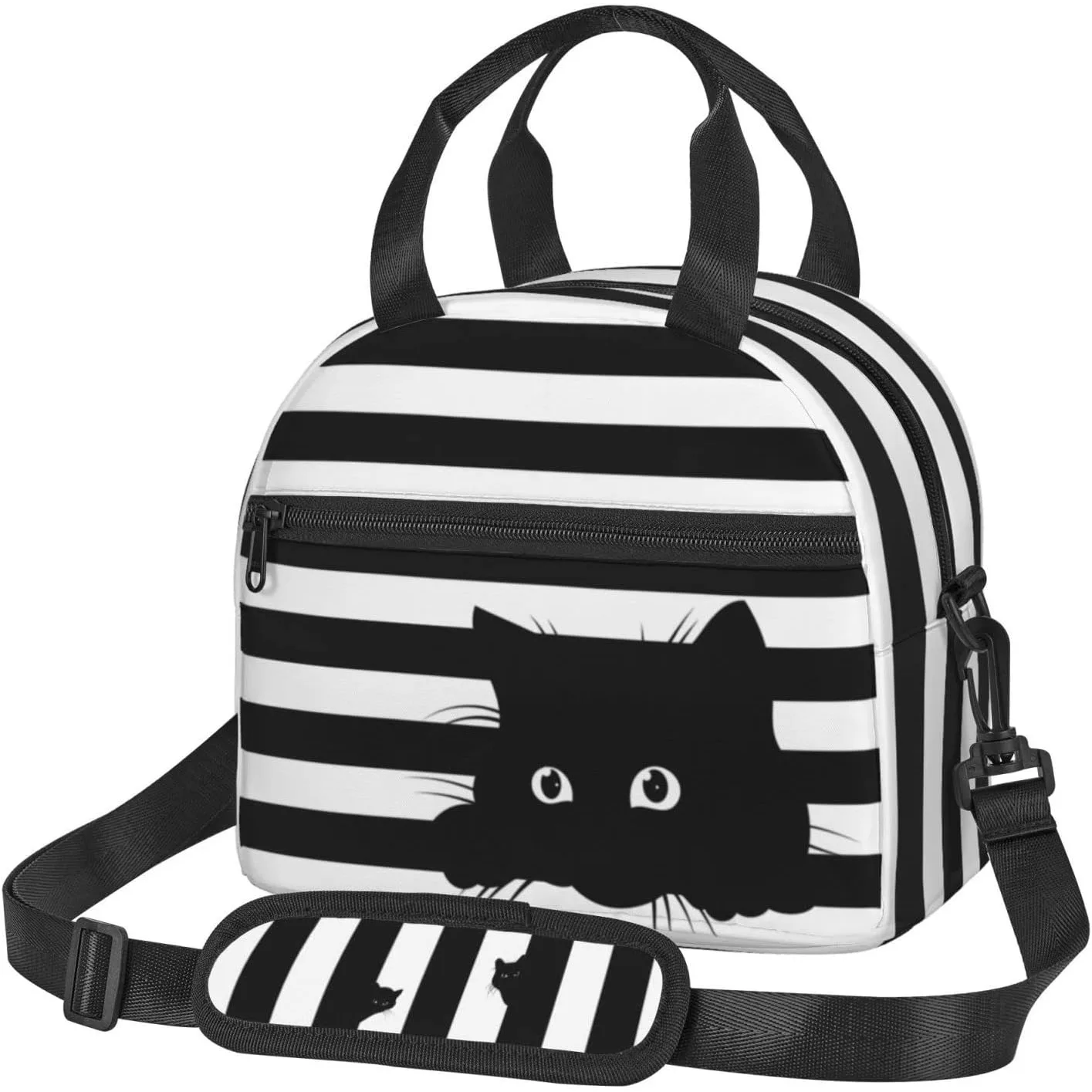 

Cat Black and White Striped Lunch Bag Reusable Insulated Container with Adjustable Shoulder Strap 9 X 5 X 7.8 Inches