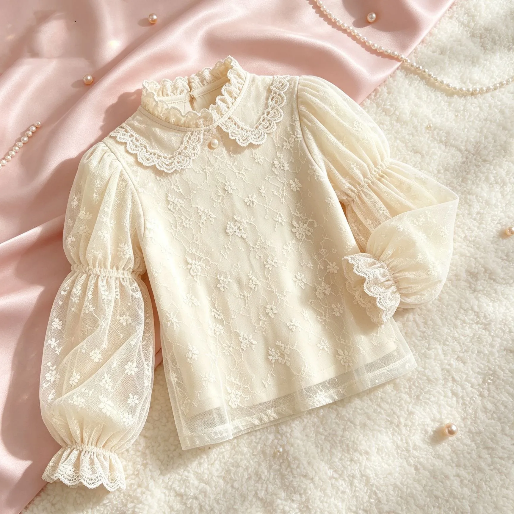 Girls Spring Fall Lace Shirt Long Sleeve French Doll Blouse Slim Base Layer Top Kids Fashion Children Clothing