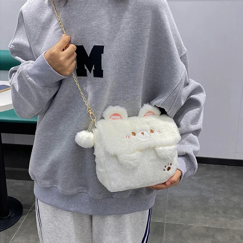 Cute Little Bear borsa a tracolla in peluche donna morbida e soffice Kawaii borsa Versatile inverno Casual ragazze Kid borsa a tracolla in tinta unita