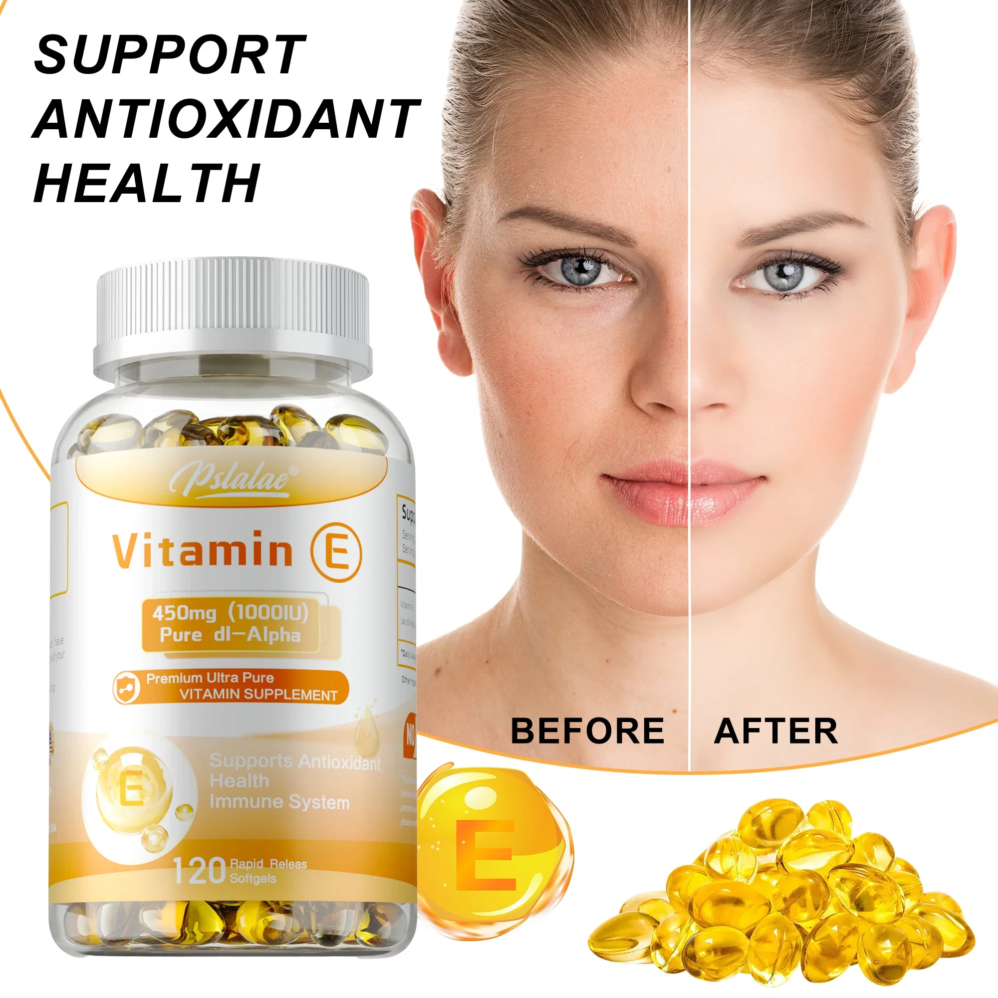 

Vitamin E Capsules 450mg - Anti-aging, Skin Firming, Wrinkle Reduction, Support Skin, Heart and Immune Health