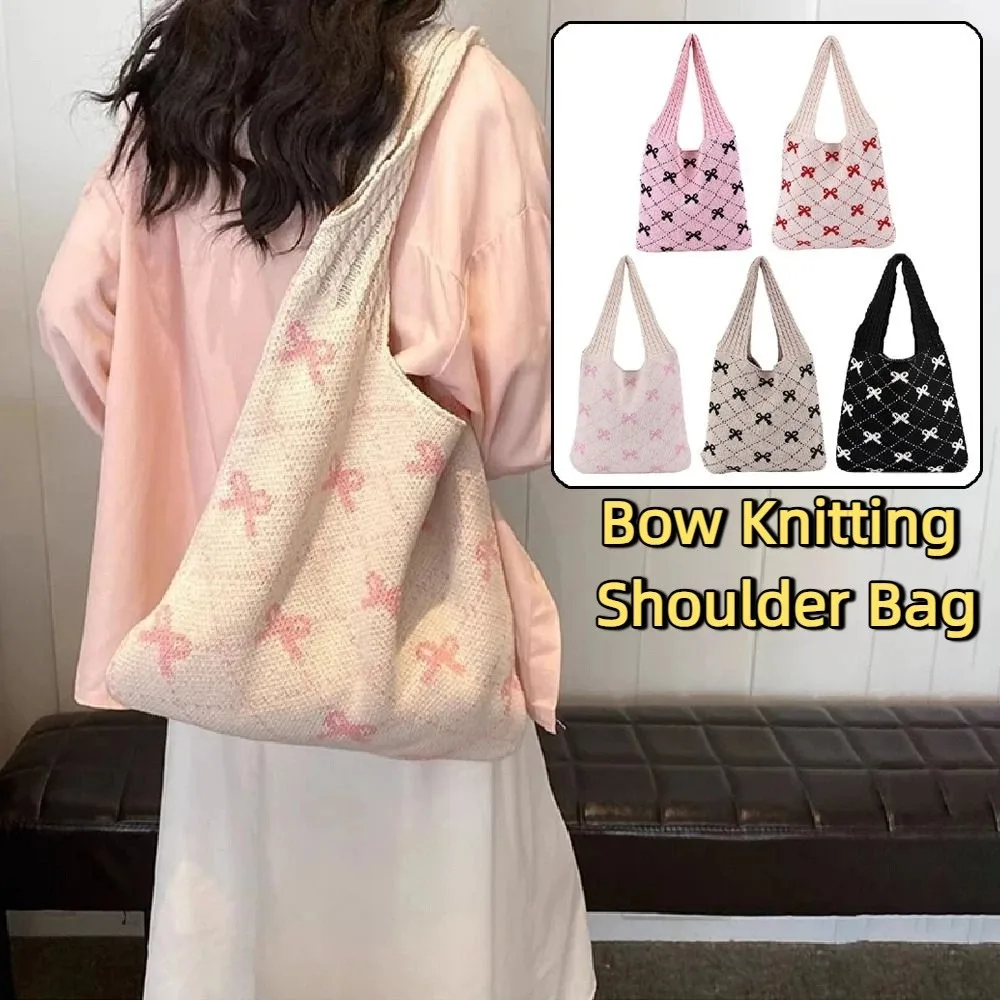 

Elegant Large Capacity Bow Knitting Shoulder Bag Soft Sweet Casual Woven Handbag Portable Eco-Friendly Crochet Tote Bag Vacation