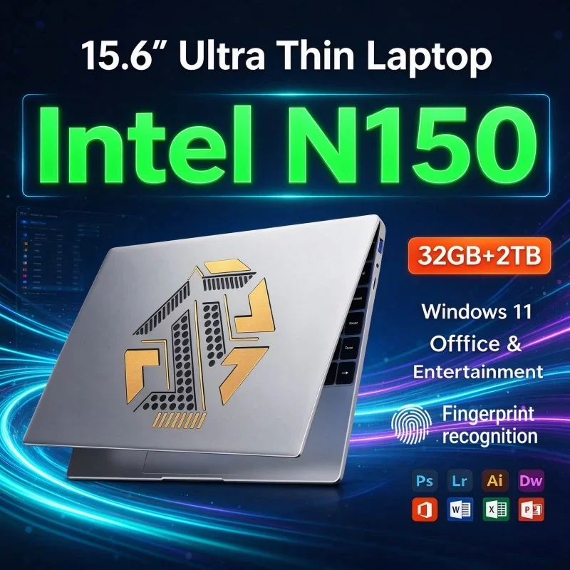 New Intel N150 Laptop 15.6'' Inch Windows 11 32GB RAM 1TB 2TB SSD Fingerprint Unlock Portable Office Gaming Notebook Computer