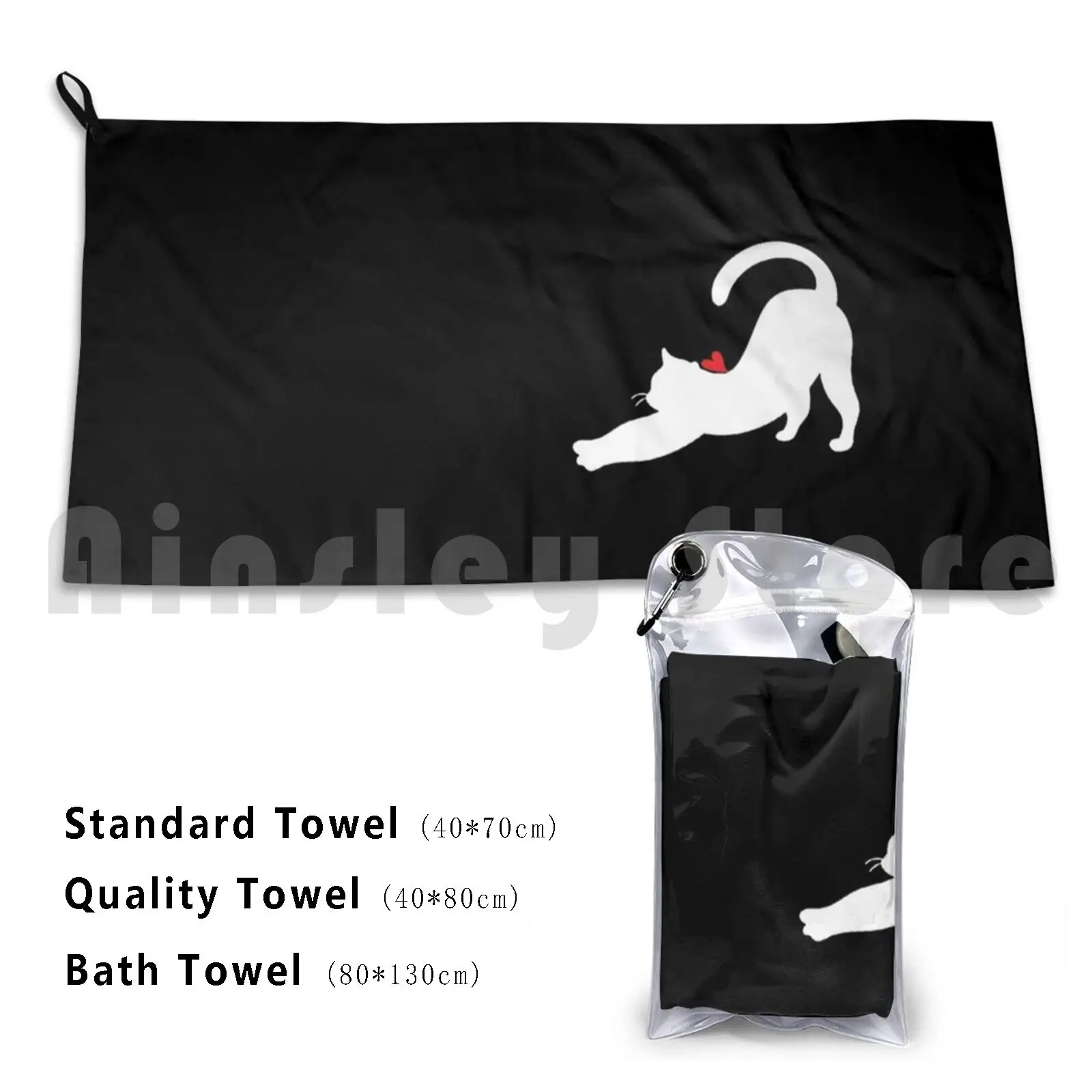 White Yoga Cat And Heart Custom Towel Bath Towel Cat Yoga Black And White Red Heart Meditation Zen Peace