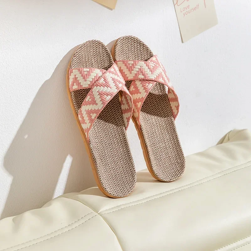 Linen Slippers for Home Use Thick Soled Summer Grass Woven Rattan Woven Men's and Women's Homes Indoor Anti Slip Anti Odor Feet