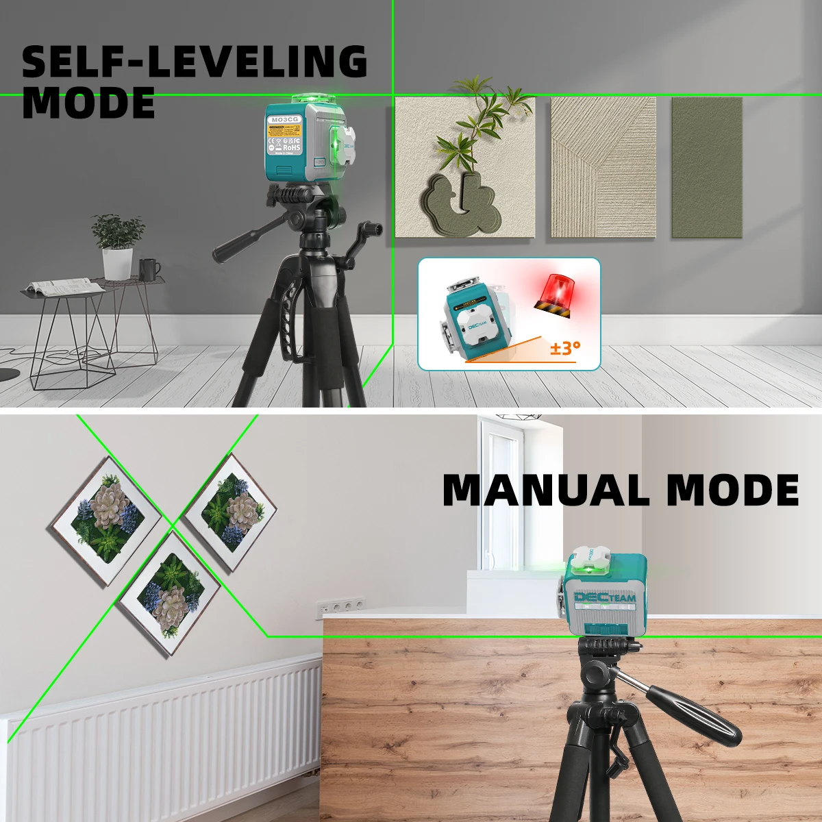 3D 12 Lines Self-leveling Laser Level DECTEAM 3 x 360° Green Beam Cross Line Laser Levels with Rechargeable Li-ion Battery M03CG