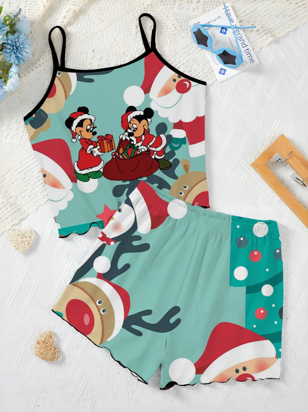 Pajama Skirt T-shirt Lettuce Trim Minnie Mouse Top Short Sets for Women 2 Pieces Christmas Home Dress Women's Suit Disney Mickey