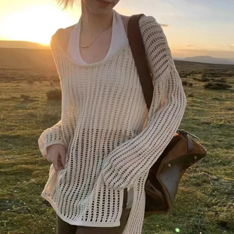 New Summer O-Neck Knit Sweater Women Pullovers Long Sleeve Sunscreen Knitted Sweater Pullover Women Tops Sueter Feminino Q249