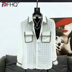 PFHQ 2023 Elegant Men's Trendy Splice Shirt Long Sleeve New Top Korean Fashion Designer Loose Original Thin Clothes Coat Spring