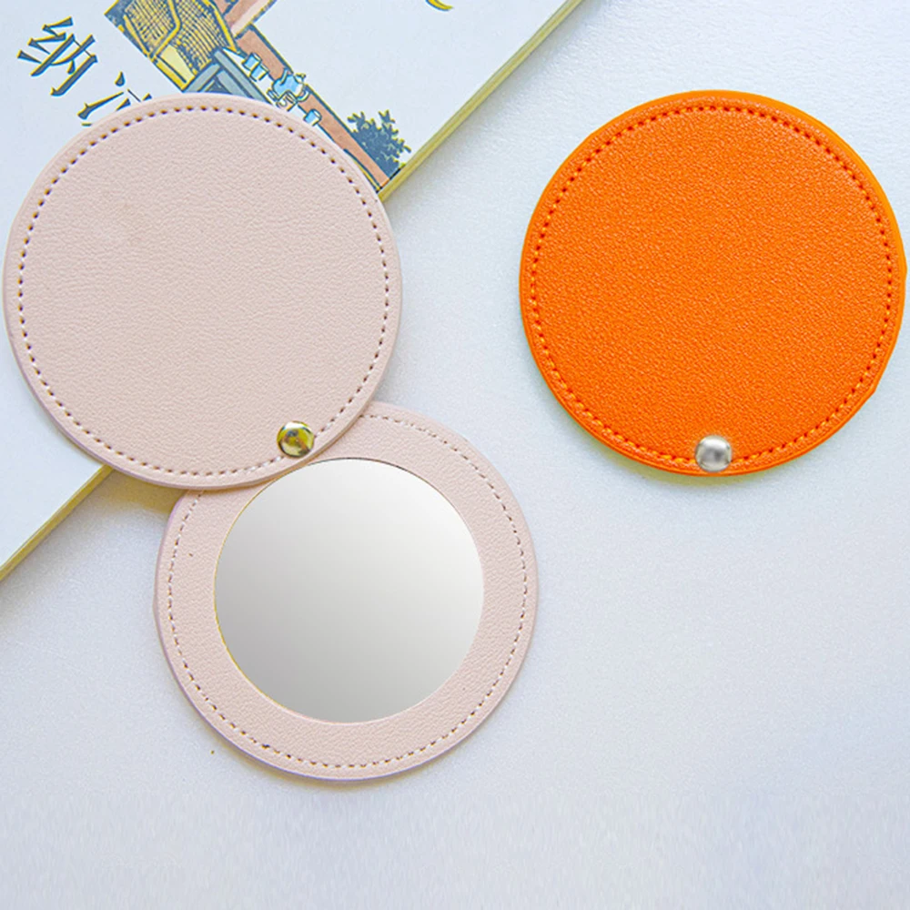 PU Leather Ultra-thin Round Makeup Mirror Stainless Steel Double-sided Cosmetic Mirror Folding Pocket Compact Mirror for Travel