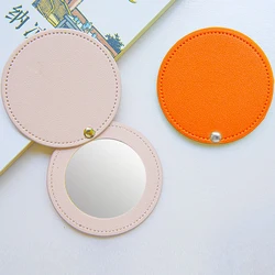 Miroir de maquillage rond ultra-fin en cuir PU, acier inoxydable, double face, cosmétique, pliant, compact, poche, voyage