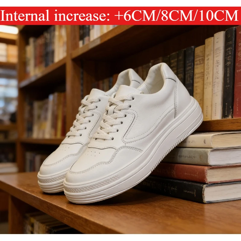 

2026 New Men's White Low-top Sports Shoes, Leather Breathable Outdoor Casual Insole Height-increasing Shoes