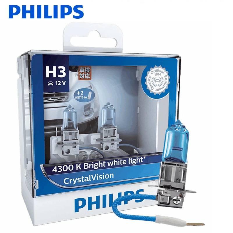 Philips Crystal Vision H3 Fendinebbia alogeno per auto 12V 55W PK22s 4300K Faro bianco con 2x T10 Lampadine originali blu 12336CVSM