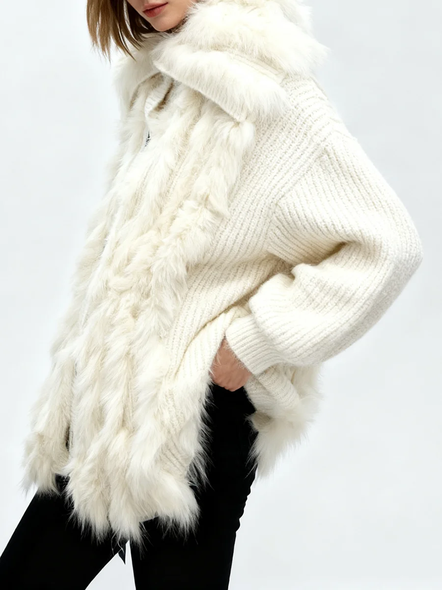 TWOTWINSTYLE 솔리드 루즈 스플라이스 퍼 캐주얼 가디건 여성용 라펠 긴 소매 패치워크 싱글 브레스티드 가디건 여성용 신상품