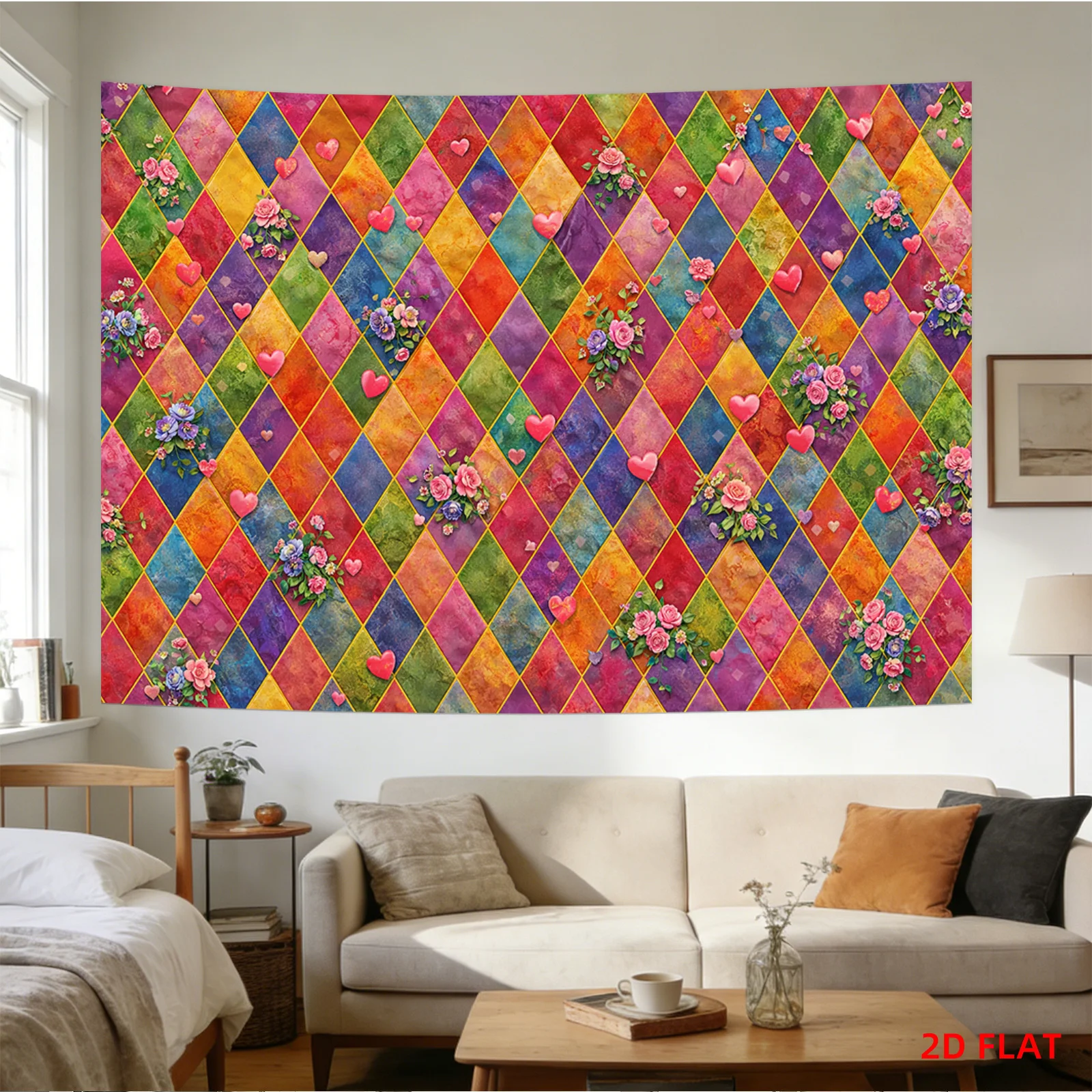 Vibrant Boho Floral Quilt Pattern Diamond Tapestry Wall Hanging Polyester Geometric Art for Living Room Bedroom Home Decor Bohem