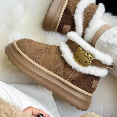 Sanrio Hello Kitty Snow Boots Kawaii Cartoon Women's Winter Cotton Shoes Cute Anime Outdoor Warm Antiskid Flat Snow Boots Gift