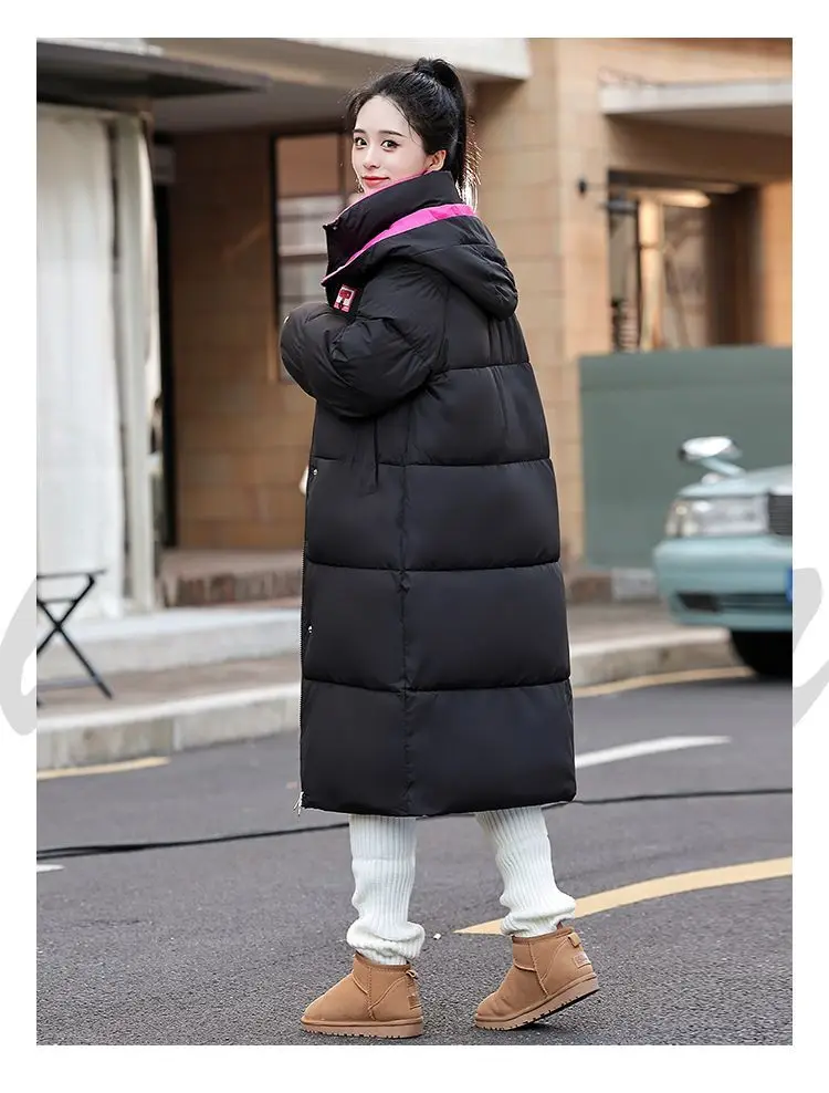 Long Hooded Puffer Coat Women Contrast Collar Warm Quilted Parka Zip‑Up Loose Windproof Winter Outerwear Ladies Padded Jacket