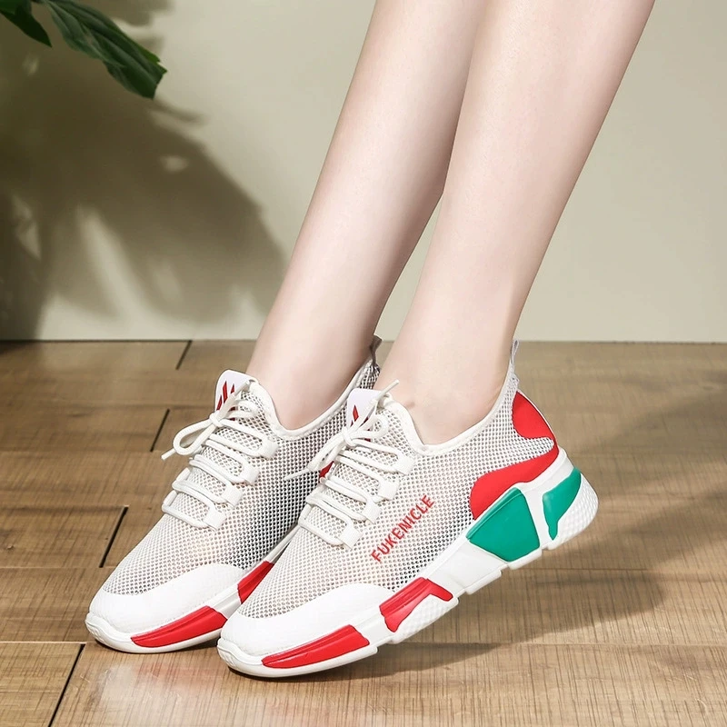 

Fashion Women's White Mesh Sneakers Red Green Color Block Casual Sports Shoes Women's Lightweight Breathable Mesh Sneakers Color