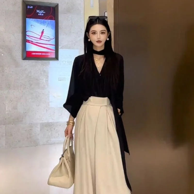 Fashionable Black Silk Long Sleeve Shirt And Wide Leg Pants Set Women's Spring New Style Two-Piece Suit V-Neck Long Pants