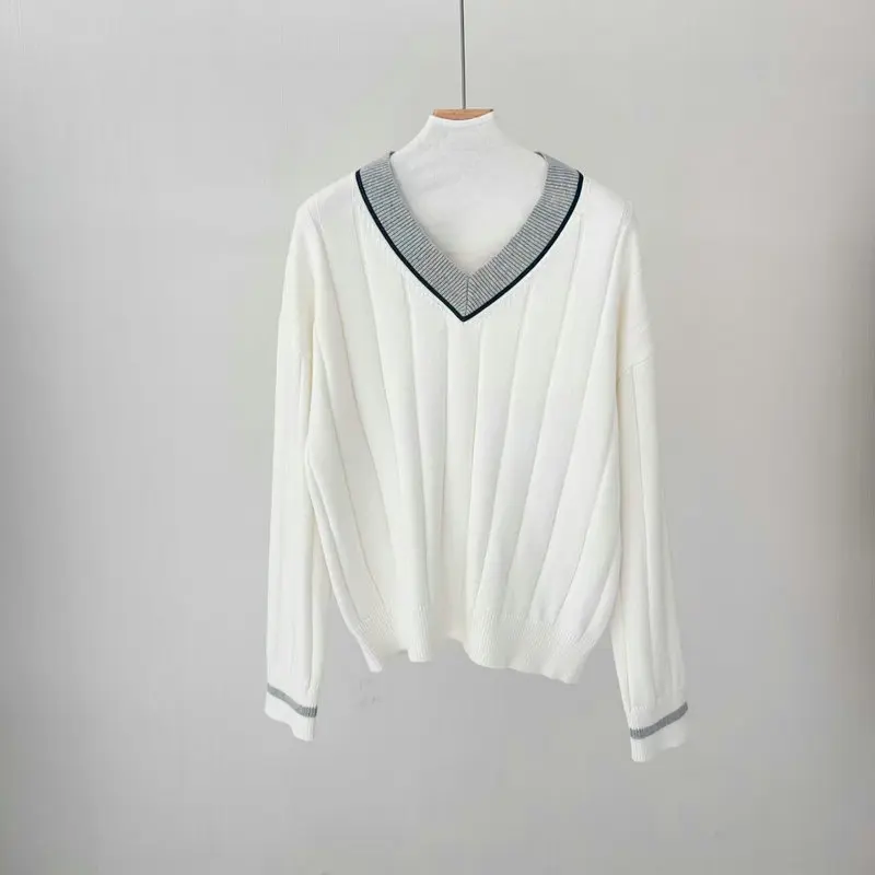Suéter de punto de algodón nuevo de otoño e invierno para mujer suéter con cuello en V de Color contrastante