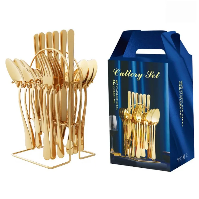 

24-Piece Stainless Steel Cutlery Set with Stand Gold & Silverware Mirror Polished Dishwasher Safe for Dinner Use Wedding Party