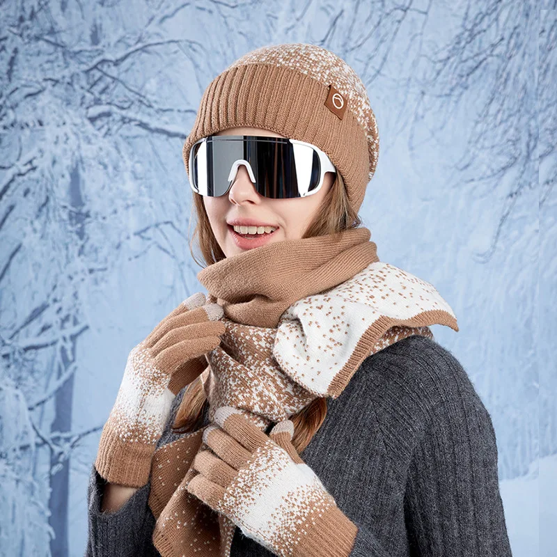 Gorro de invierno, guantes, bufanda, protección contra el frío al aire libre, gorro de manga cálida, protección acolchada para los oídos, gorro de lana tejido para mujer, 3 uds.