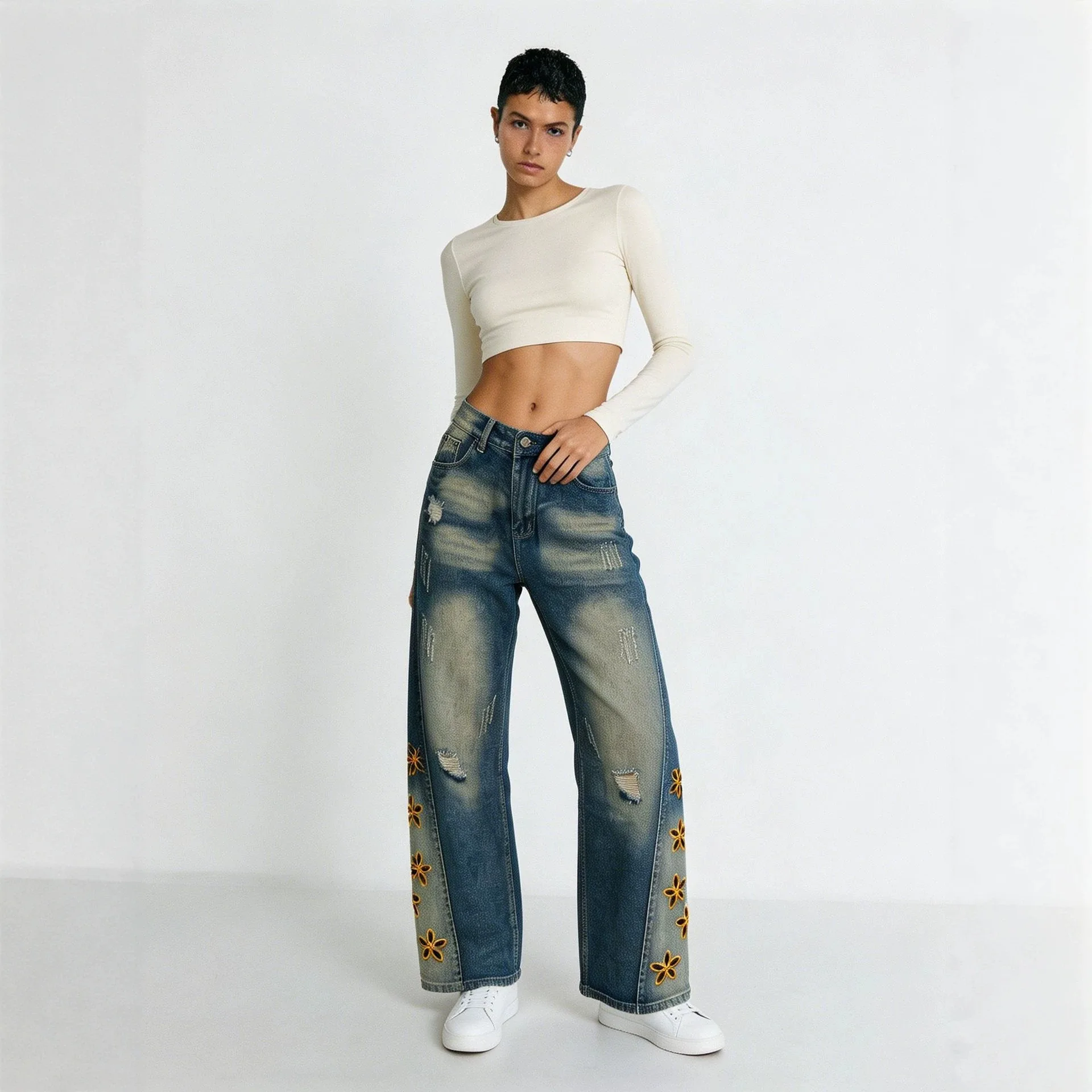 High Waist Jeans for Women Loose Embroidered Denim Pants High Waisted Jeans Fashion Trousers