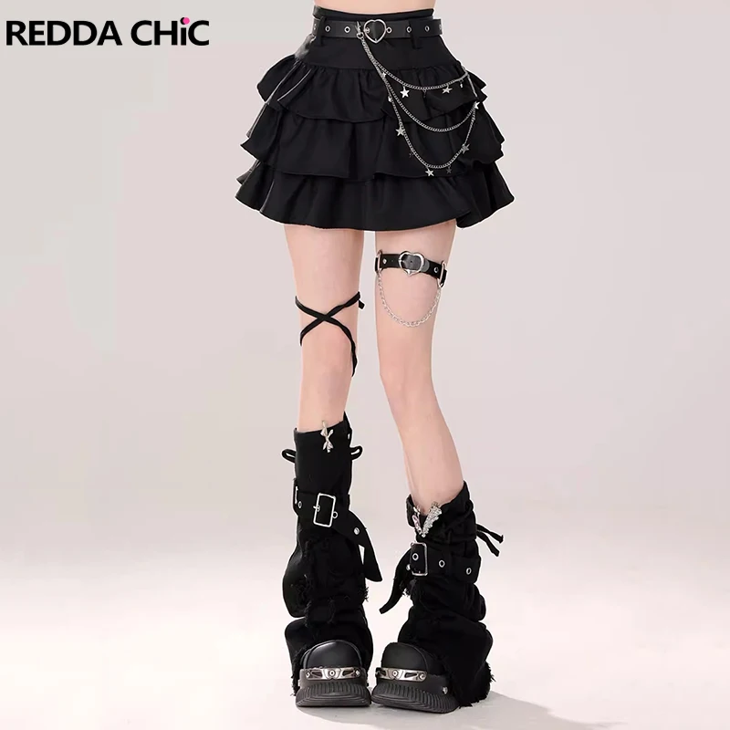 

REDDACHiC Black Frayed Flare Leg Warmers Women Belted Cross Stitch Denim Boots Cover Lolita Goth Knee Long Socks Vintage Clothes