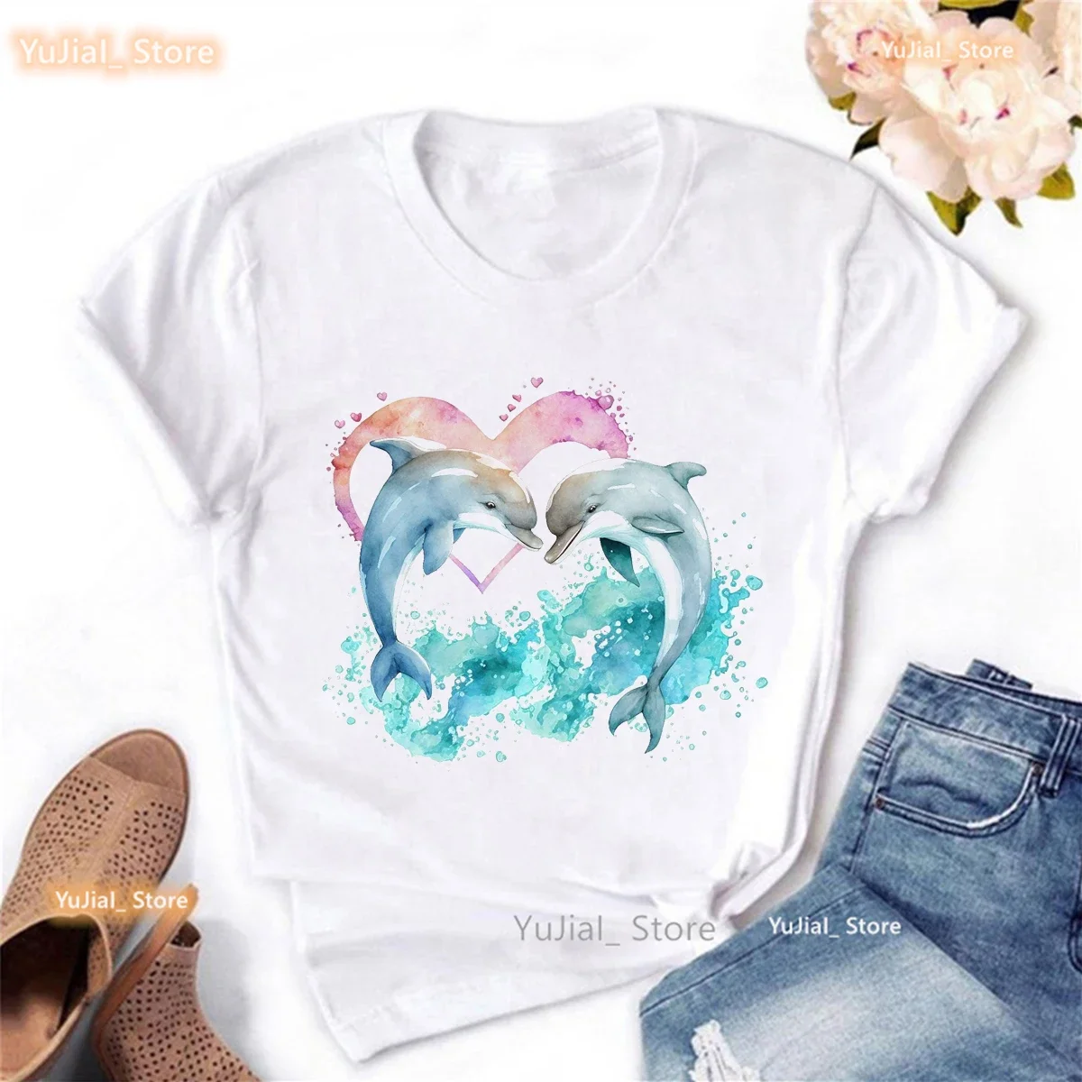 Funny Dolphin Print Tshirt Women'S Clothing Harajuku Kawaii Clothes Whale Flowers Summer Tops Fashion T Shirt Femme