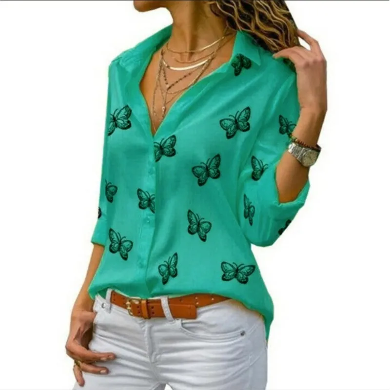 Women's Spring Summer New Fashionable Multicolor Butterfly Printed Loose Collar Comfortable Button Shirt For Women