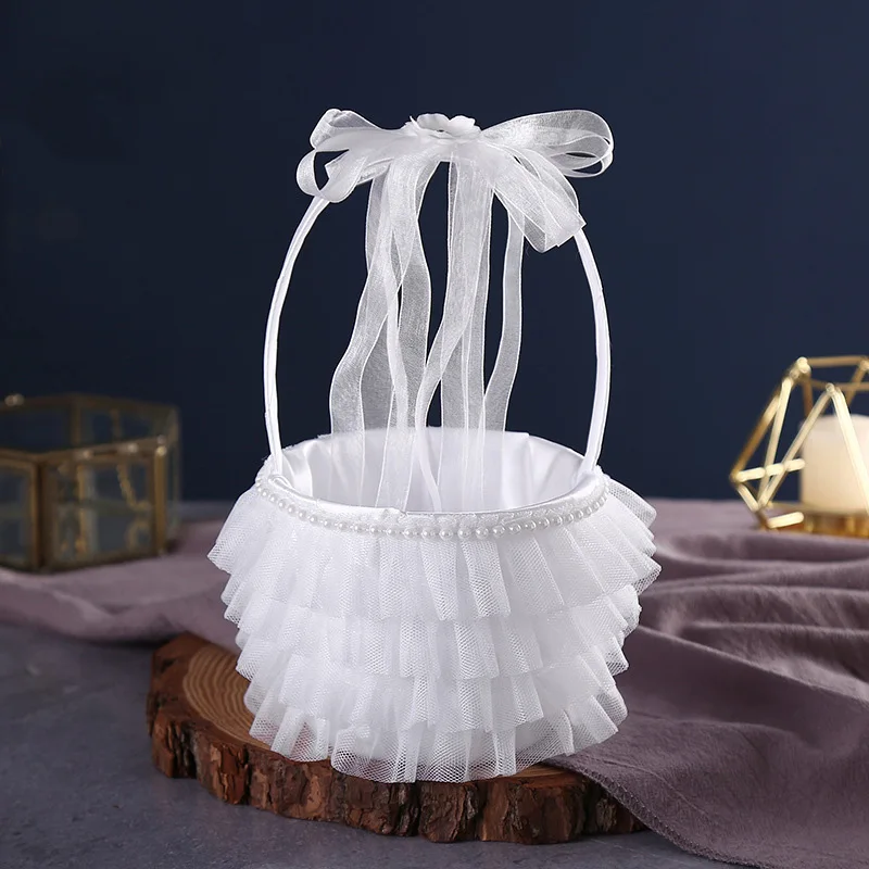 مبعثر فيونكة دانتيل يدوي للأطفال ، سلة زهور رومانسية حلوة ، قوس زفاف غربي ، سلة زهور بسيطة لطيفة