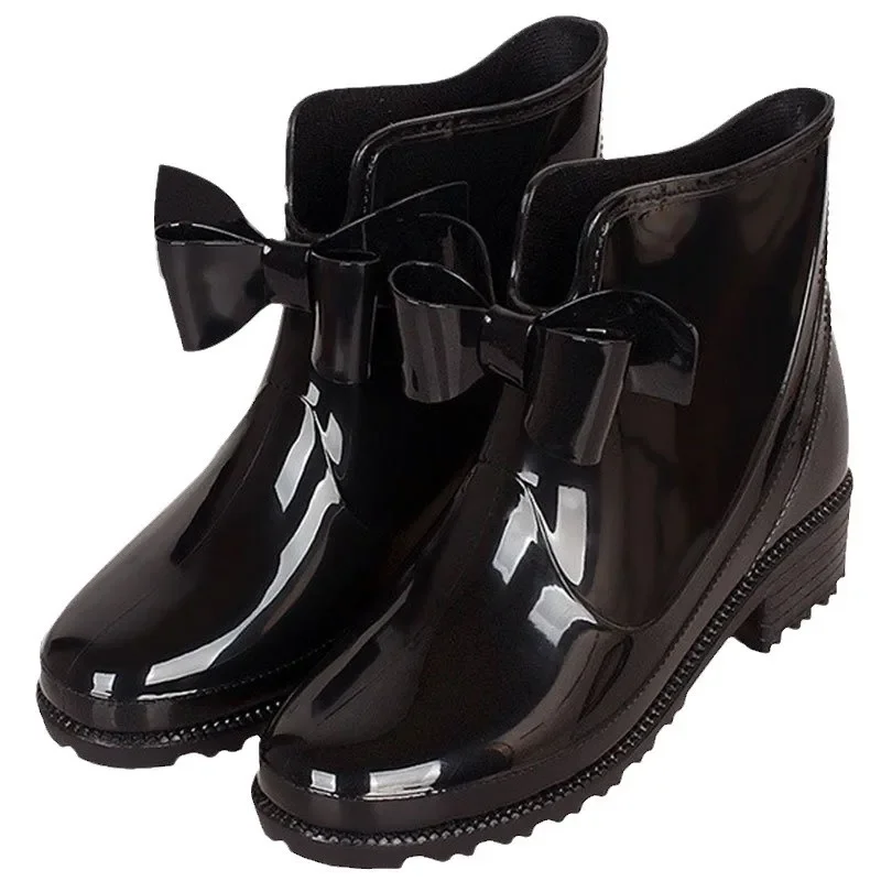 المألوف الكورية منتصف العجل المرأة احذية المطر مقاوم للماء لطيف ربطة الجوارب كعب منخفض مريح المواد البلاستيكية أحذية الكبار #5