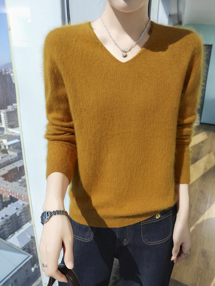 Mini Star Women\'s V-Neck 100% Mink Cashmere Pullovers Sweater Long Sleeve Knitwear Solid Basic Casual Autumn Winter Clothes Tops