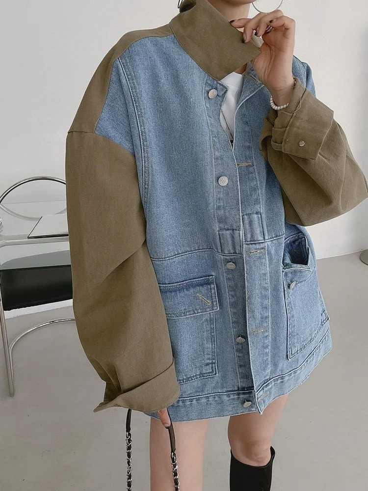 

Loose Fit Collar Denim Jaet for Women with Big kets Color Blo Workwear Sle Casual Cotton Long Sve Coat
