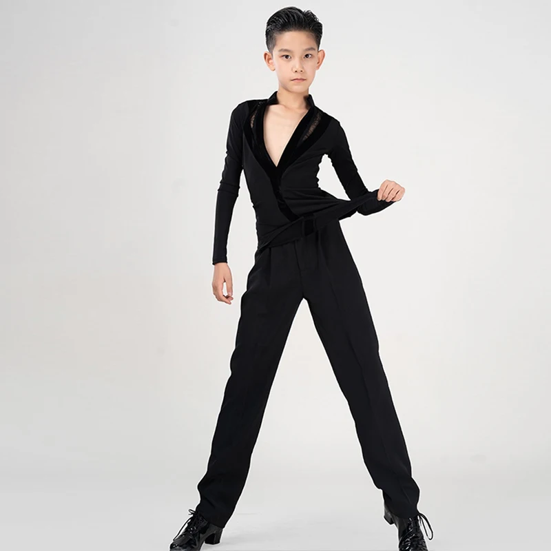 Black Laitn Dance Tops for Boys Long Sleeve Latin Training Clothes V-Neck Stand Collar Cha Cha Rumba Clothes Kid Dancewear 2716