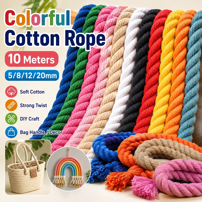 10Meters 5/8/12/20mm Cotton Rope 3 Shares Twisted Ropes Colorful Braid Macrame Cord Sew Decorative String Bag Clothes Home Lace