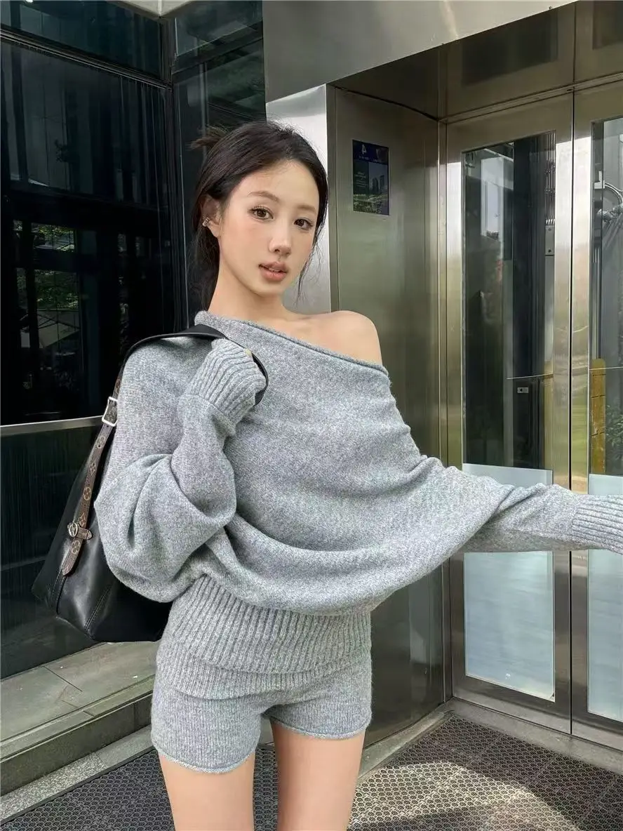 Elegant Sweater Short Sets Women Autumn Winter Slanted Shoulder Knitted Sweaters High Waist Shorts Two Piece Set