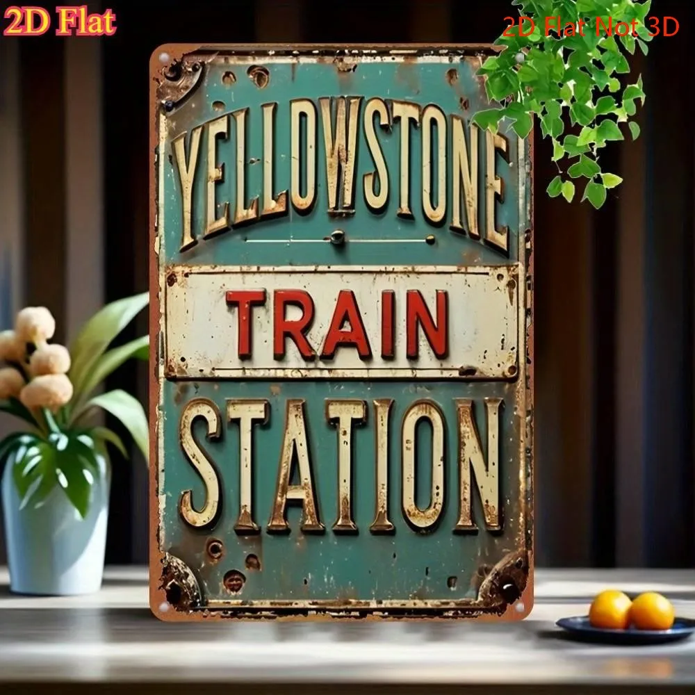 A Vintage-style Metal Sign Featuring 2D Flat Design of The Yellowstone Train Station, Perfect for Decorating Homes, Bars, Cafes