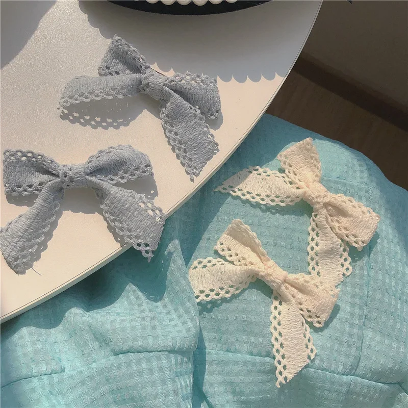 2Pcs Sweet White Lace Bowknot Hair Clips for Baby Girls Boutique Bows Hairpins Barrettes Rubber Band Headwear Hair Accessories