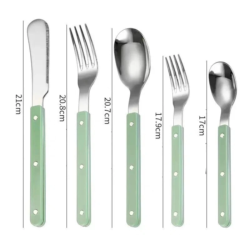 5Pcs Western Tableware Set Stainless Steel Steak Knife Dessert Fork Spoon Riveted Plastic Handle Flatware for Home Dining