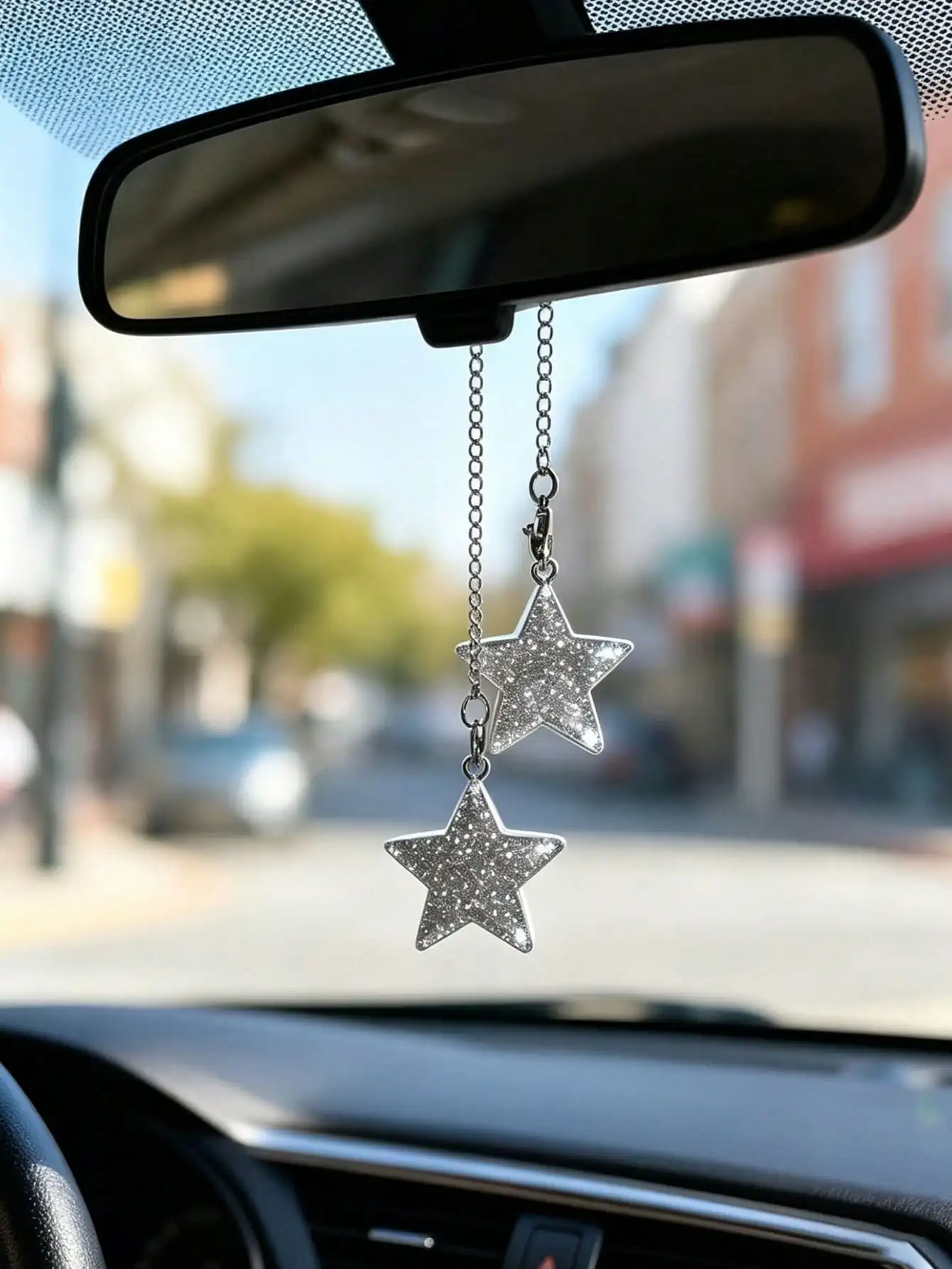 Silver Glitter Star Car Pendant Exquisite Chain Rearview Mirror Hanger Luxury Auto Ornament Universal For All Cars